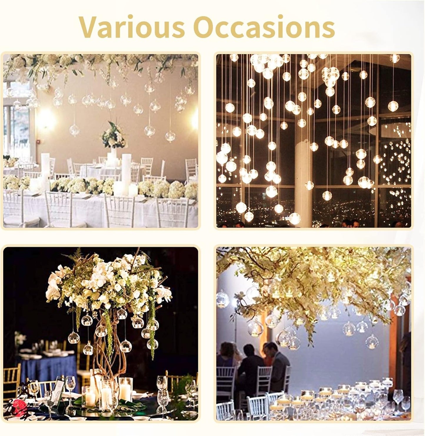 NUPTIO Mini Hanging Glass Tealight Globe Candle Holder with LED Candle, 2.36 Inches Diameter, Wedding Party Tree Decoration (36 Pcs)