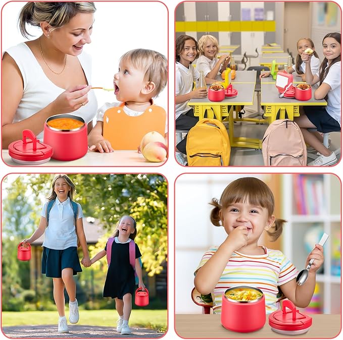 Kids Thermo for Hot Food, 14oz Insulated Soup Jar, Stainless Steel Lunch Box with Leakproof Lid & Spoon, Vacuum Insulated Bento Container (Red)