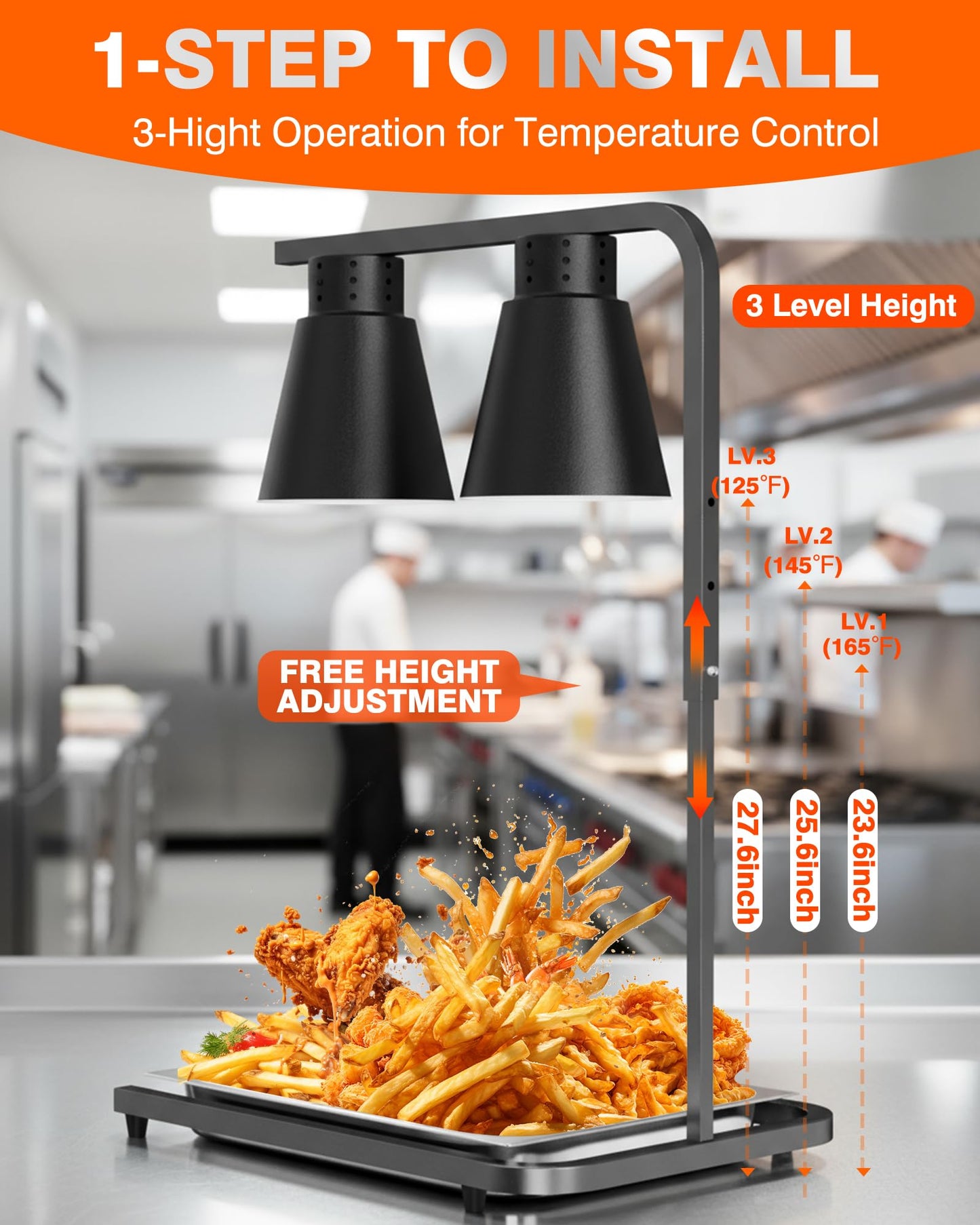 PYY Food Heat Lamp - with Pan and 2-Bulb for Fast and Steady Heaing, 500W Commercial Food Warmer Light, Stainless Steel Warming Lamp with Adjustable Stand, for Restaurant, Catering and Buffet