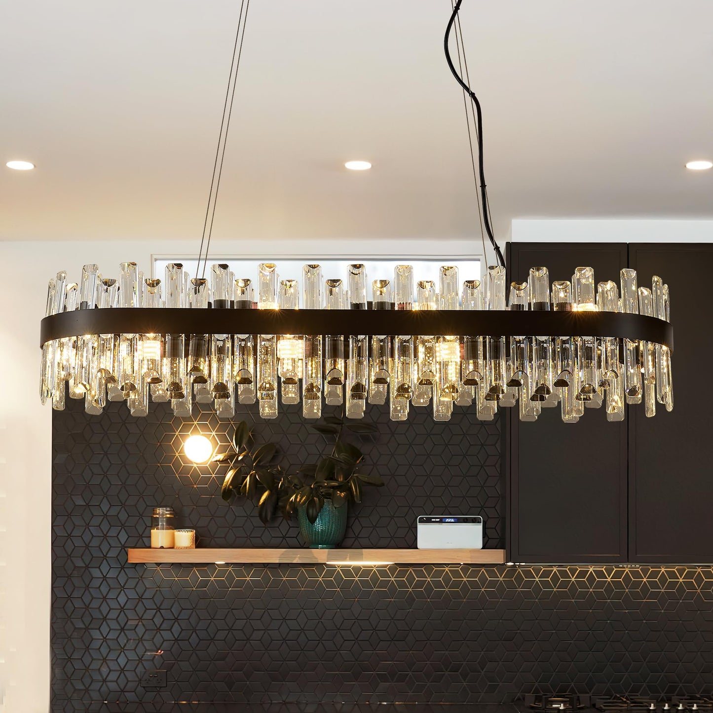 Lighceac 39 Modern Black Rectangle Crystal Chandelier Light Fixtures For Kitchen Island stylish Linear Crystal Chandeliers For Dining Room 16-Light Long Hanging Pendant Lighting For Entryway Foyer Bar