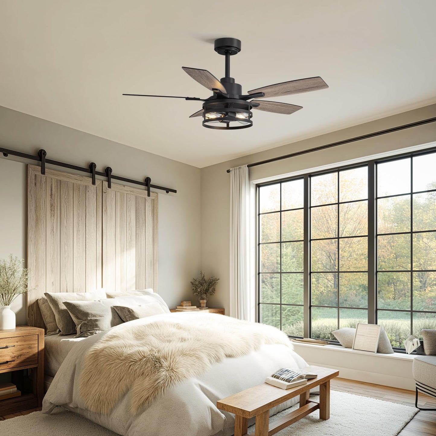 42-Inch Farmhouse Flush Mount Ceiling Fan - Vintage Wood-Grain Blades, Quiet & Powerful Motor, Warm Ambient Lighting. Seamlessly