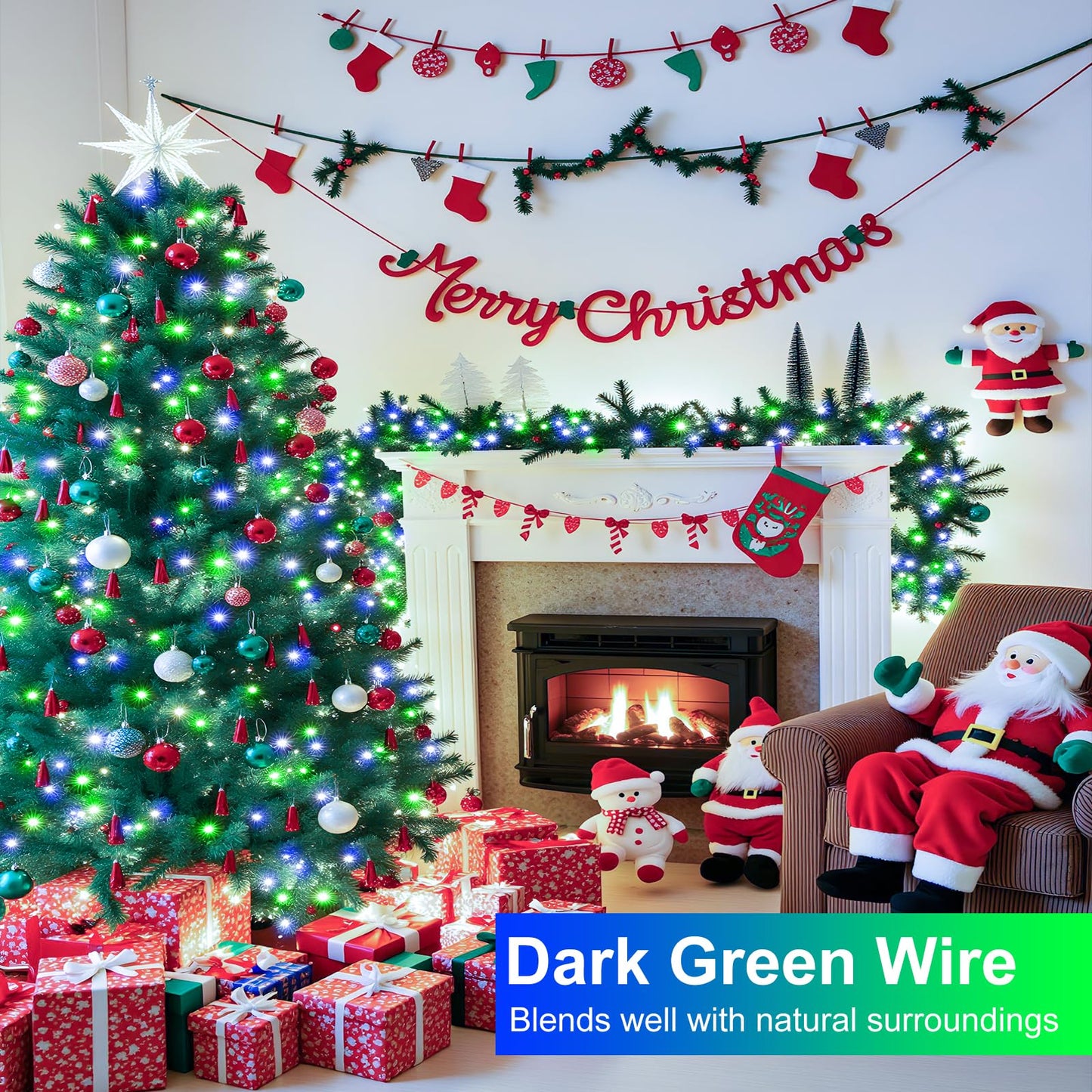 Christmas Lights Outdoor  66Ft 200 Led Christmas Tree Lights With 8 Modes Waterproof  Plug In Connectable String Twinkle Light Green Wire For Tree Patio Party Decorations  Blue Green