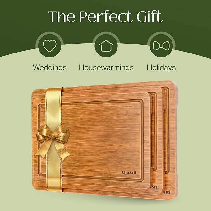 Organic Bamboo Cutting Boards for Kitchen – Set of 3 Non-Toxic Wood Cutting Board with Non-Slip Design – Durable Anti-Slip Bamboo Boards for Chopping & Serving