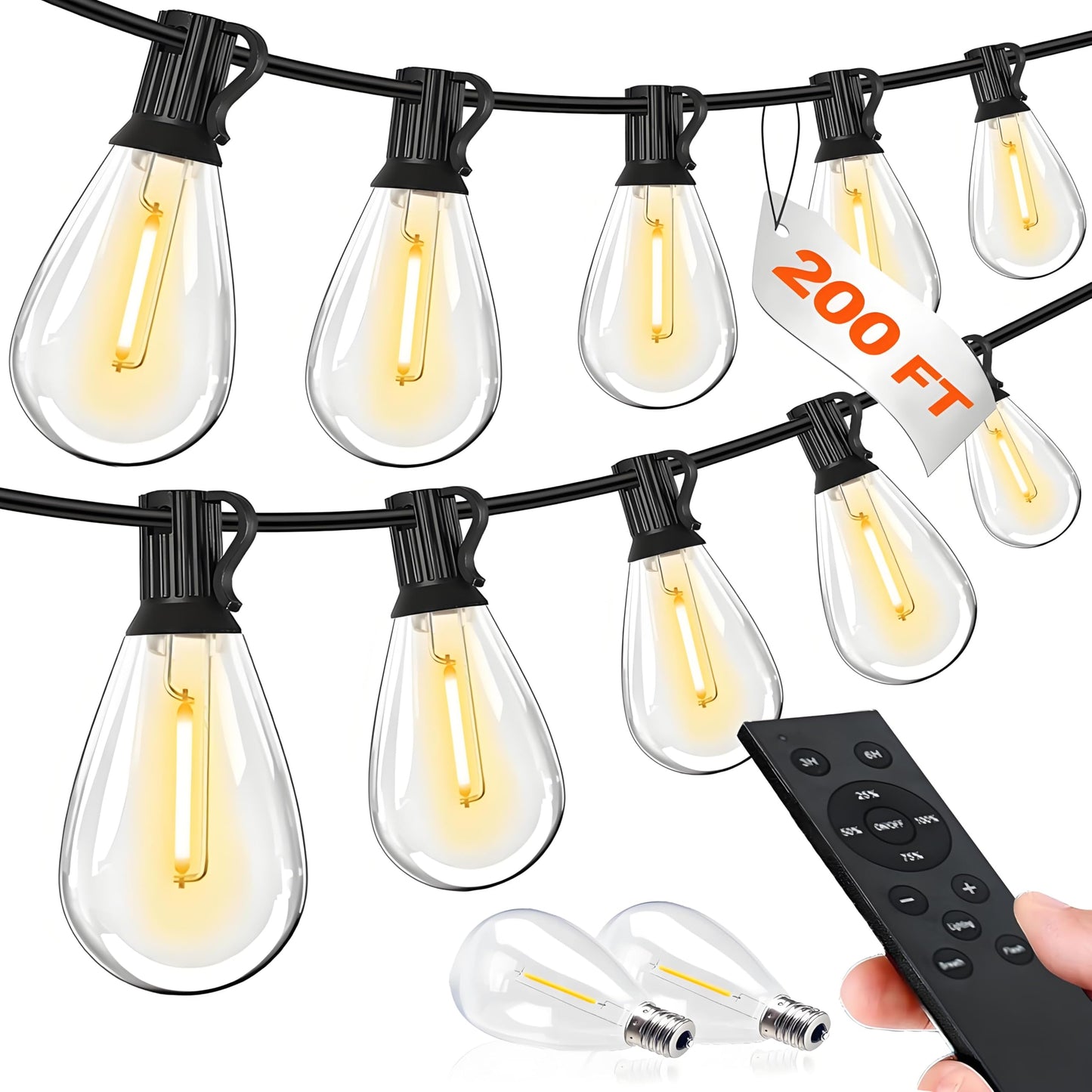 Tenmiro LED Outdoor String Lights, 200FT with Remote, 74+2 Shatterproof Bulbs, Dimmable, Warm Light, Model S11-12FT, Patio Decor