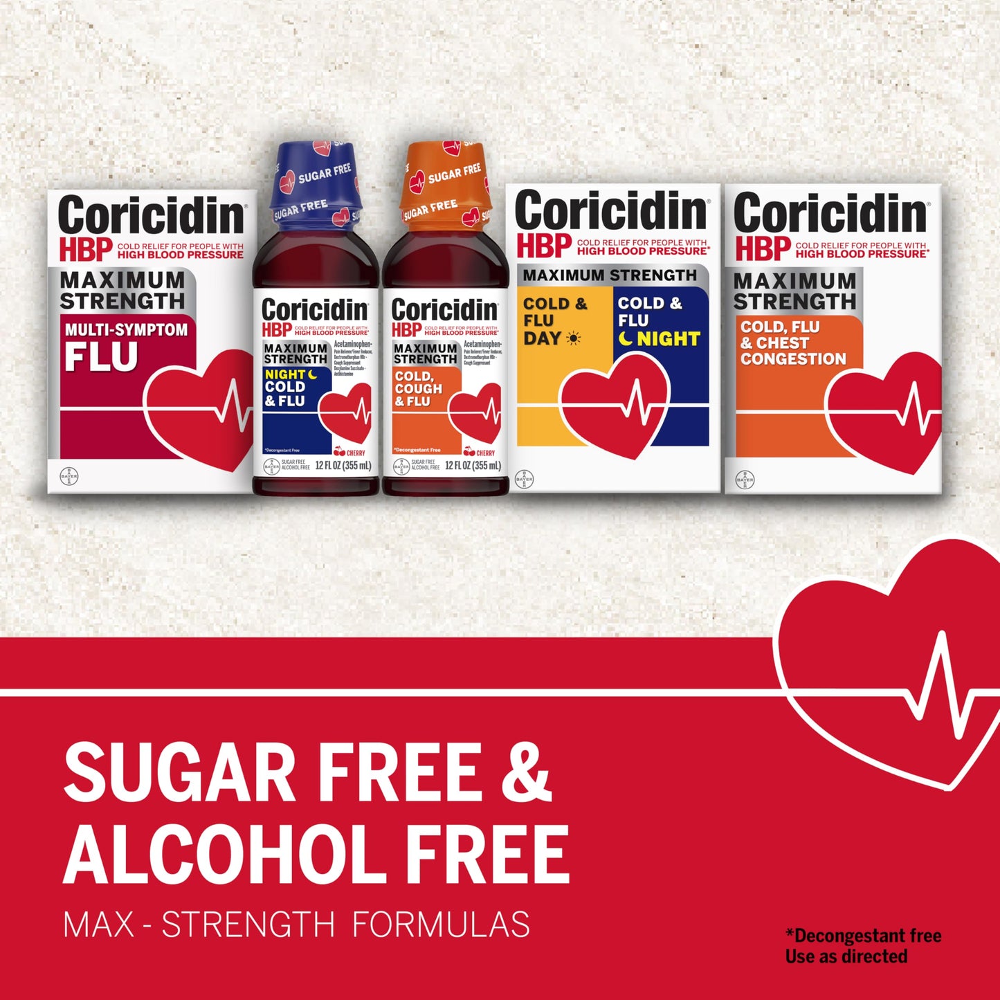 Coricidin HBP, Decongestant-Free Cold Symptom Relief for People with High Blood Pressure, Maximum Strength Multi-Symptom Flu Tablets, 48 Count (2x24ct)