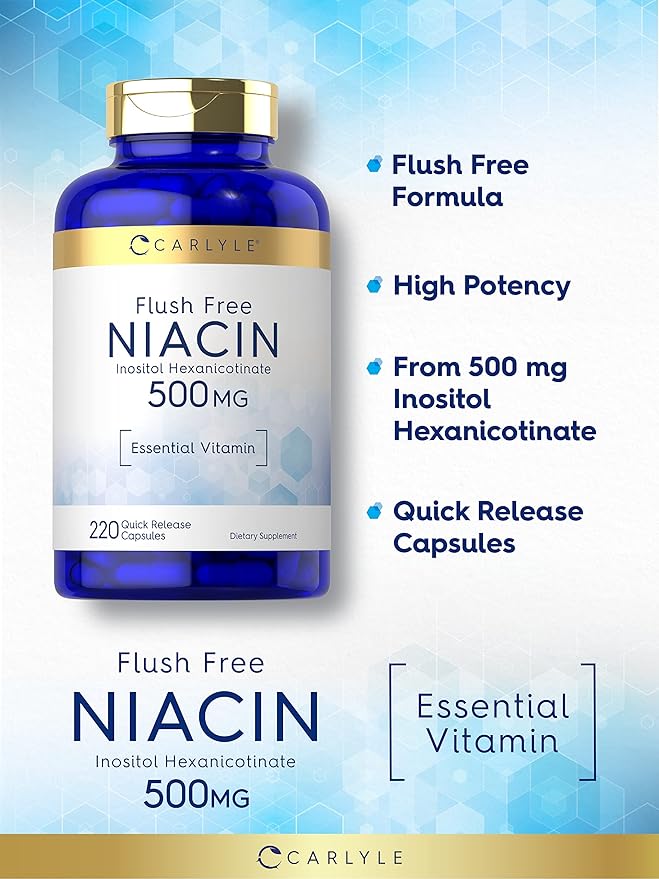 Carlyle Niacin Flush Free 500mg | 220 Capsules | Non-GMO and Gluten Free Essential Vitamin