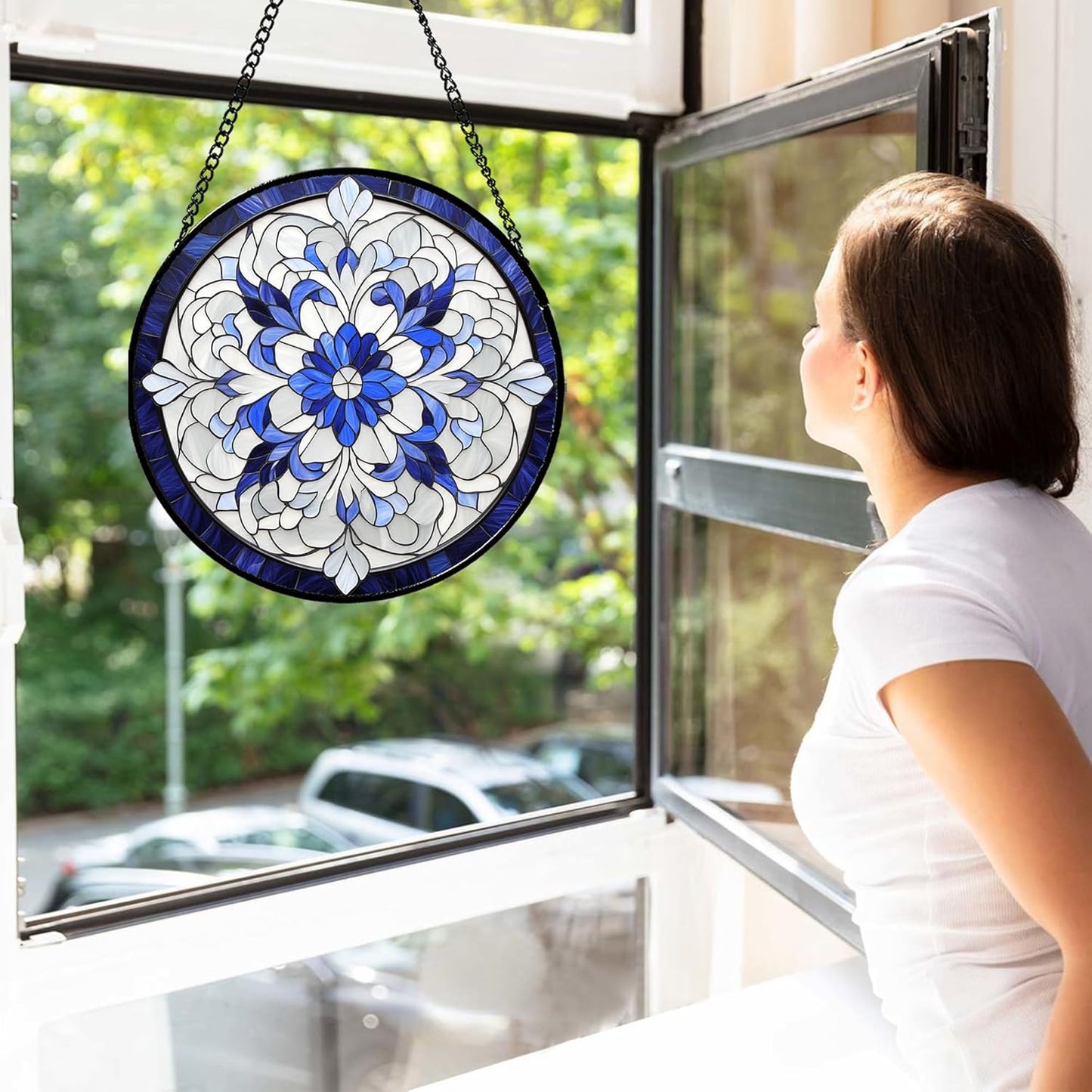Stained Glass Window Hanging - Blue White Boho Flower Suncatcher for Door Garden Yard Sun Catchers Decor Christmas Mother's Day Birthday Gifts for Women Mom Nana Friend Teacher 6.3 in