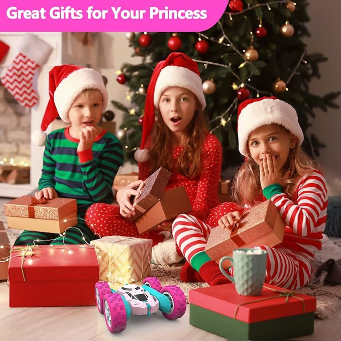 Pink Remote Control Car for Girls, 360° Flipping Stunt Car with LED Headlights, Rechargeable 4WD Electric Toy Vehicle, Princess Gift for 6 7 8 9 10 11 Year Old Girls, Birthday & Christmas Toy