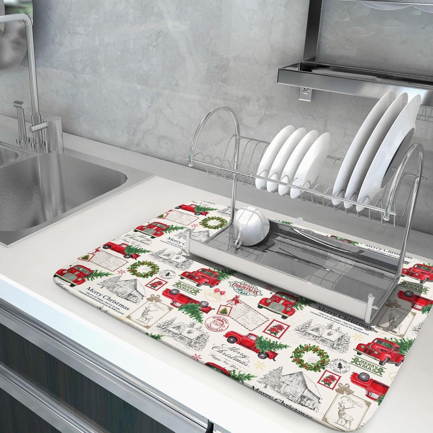 Christmas Red Truck Dish Drying Mat for Kitchen Counter Vintage Xmas Theme Drying Mat 18x24 Inch Winter Holiday Absorbent Dish Drainer Mat Christmas Kitchen Accessories