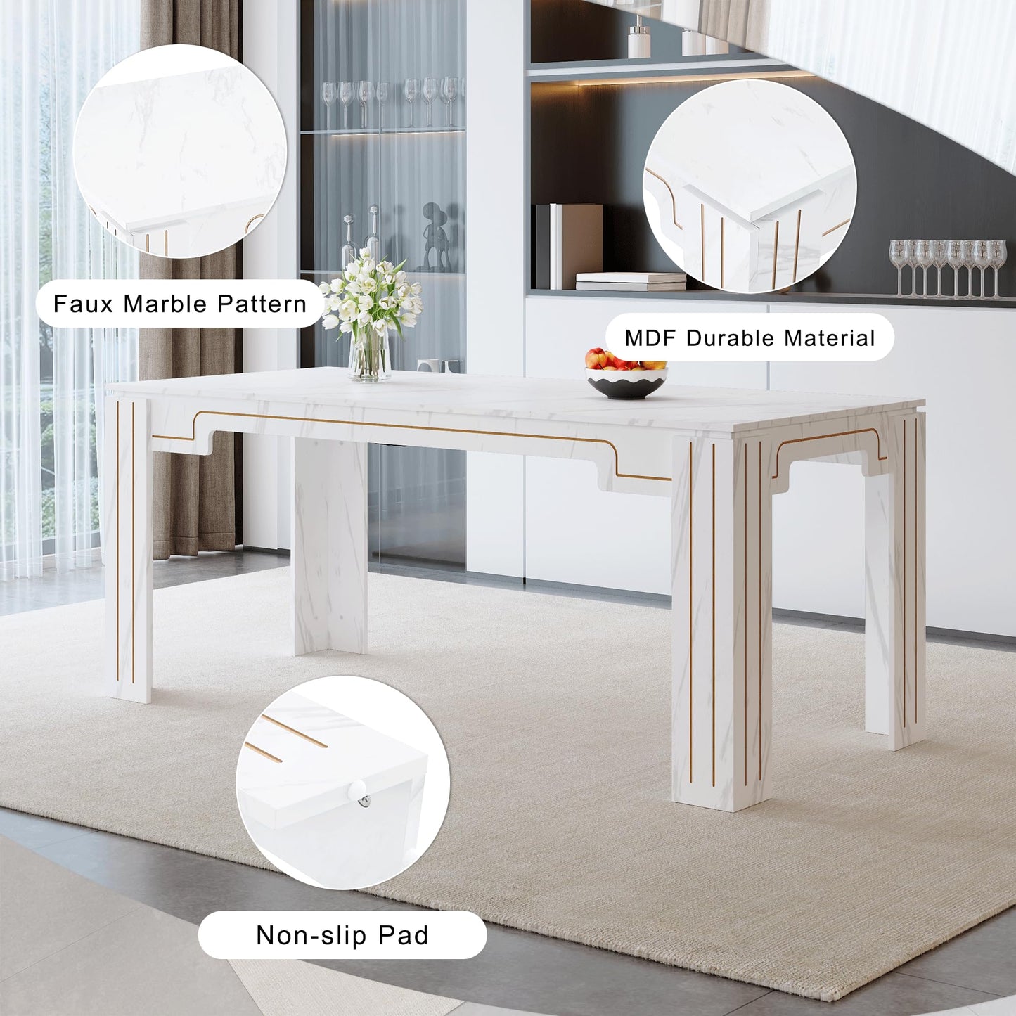 KEIKI 9-Piece Dining Table Set, 71" White Faux Marble Kitchen Table with 8 Light Gray PU Leather Chairs, Modern Dining Room Set with Silver Metal Legs, Large Rectangular Table for Home, Restaurant