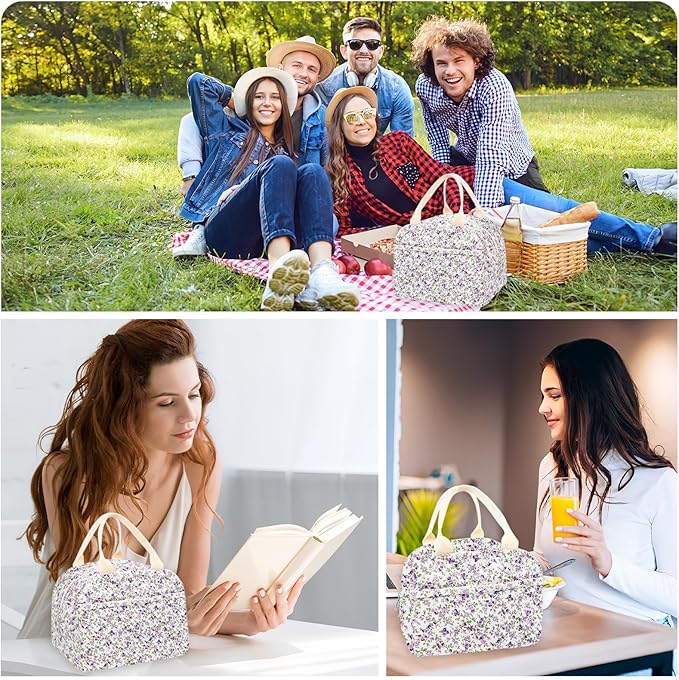 Cotton Quilted Insulated Lunch Bag, Cute Quilted Floral Lunch Tote Bags Reusable Insulated Lunch Box Coquette Aesthetic Large Capacity Insulated Cooler for Women Work Travel Picnic (Purple)