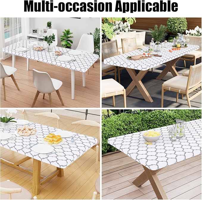 Smiry Rectangle Picnic Table Cover, Waterproof Elastic Fitted Camping Tablecloths for 8 Foot Tables, Wipeable Flannel Backed Vinyl Tablecloth Protector for Indoor, Outdoor (White, 30x96 Inches)