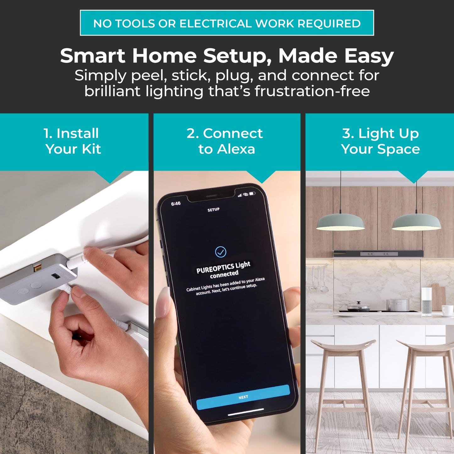 Black+Decker Smart Under Cabinet Lighting Kit, 6 Adjustable 9 Led Bars, White, Aluminum