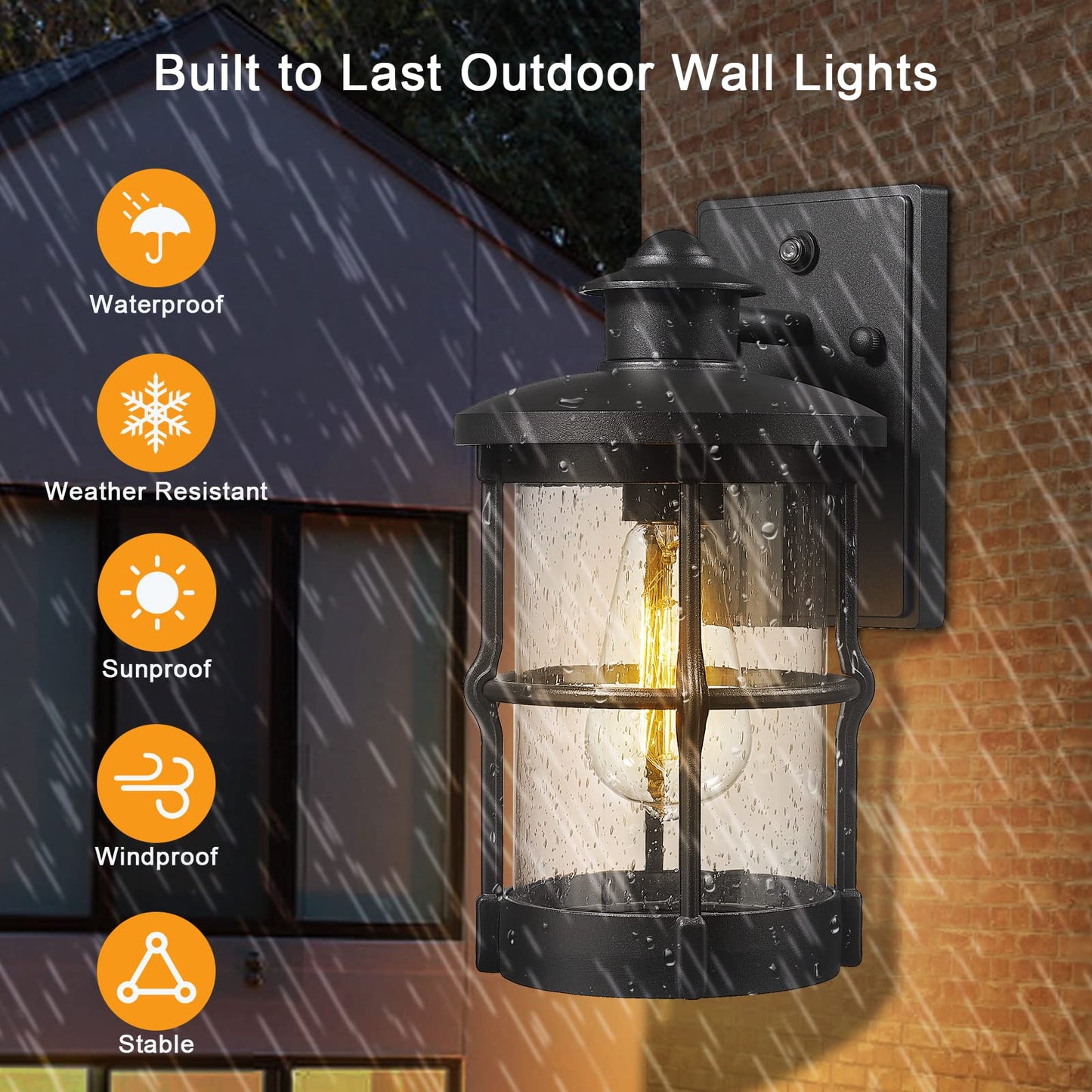 Rosient Outdoor Wall Sconces  Dusk To Dawn Outdoor Wall Lights  Exterior Wall Mount Lighting  Wall Light Fixture In Black Finish With Seeded Glass  2 Pack  Ddltm-W-2Pack