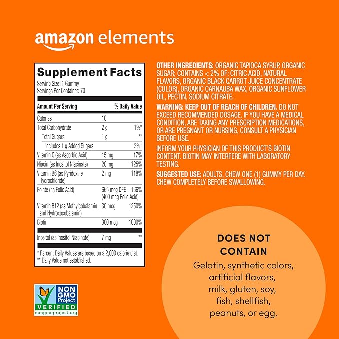 Amazon Elements - B-Complex, Supports Immune and Normal Energy Metabolism, 70 Gummies, 70-Day Supply, Vegan, Adult, Non-GMO (Previously Revly) (Pack of 2)
