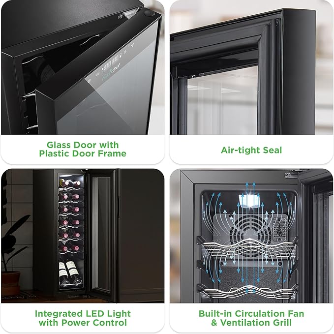Nutrichef 14 Bottle Wine Fridge | Single Zone Wine Chiller | Adjustable Temp 41°F - 64°F | Ultra Quiet Operation | Wine Cooler for Home & Office | 34x10x17 IN (Black)