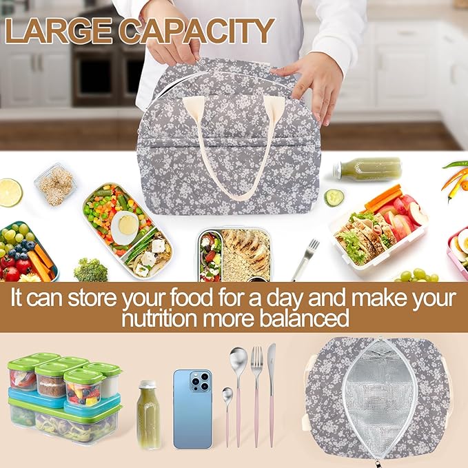 Cotton Quilted Insulated Lunch Bag, Cute Quilted Floral Lunch Tote Bags Reusable Insulated Lunch Box Coquette Aesthetic Large Capacity Insulated Cooler for Women Work Travel Picnic (Grey)