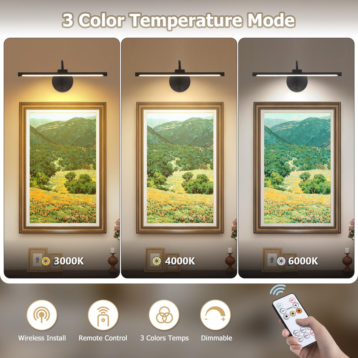 Picture Lights For Wall - Wireless Rechargeable Led Light With Remote  Adjustable Arm  Gold Battery Operated Display Lighting For discomfort-reducingtings  Bedroom  Gallery Wall D?Cor (Black  12.6 Inch - 2Pack)
