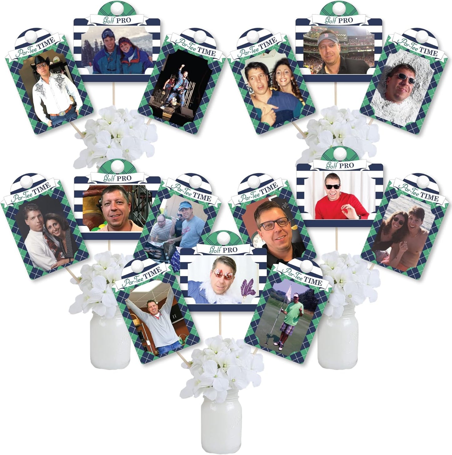 Big Dot of Happiness Par-Tee Time Golf Centerpiece Photo Display - 15 Double-Sided Picture Holders with Sticks, Birthday or Retirement Party Table Decor Kit, Vertical and Horizontal 4x6 Frames