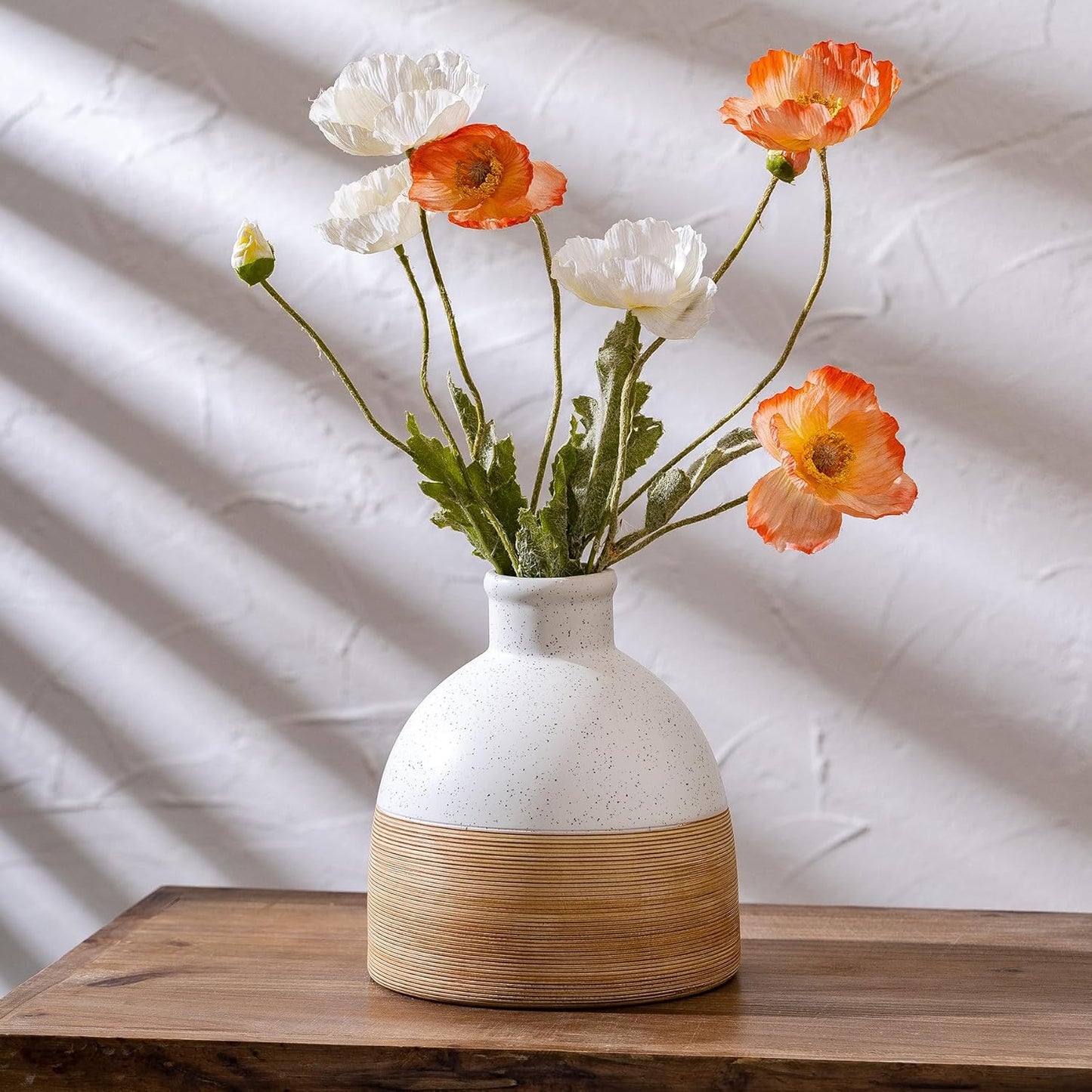 Rustic Farmhouse Flower Round Ceramic Striped Vase, Brown and White Modern Decorative Ceramic Flower Vase for Home Cottage Core Decor, Table, Living Room, Bookshelf Decor, Mantel, Wedding 6.5 Inch