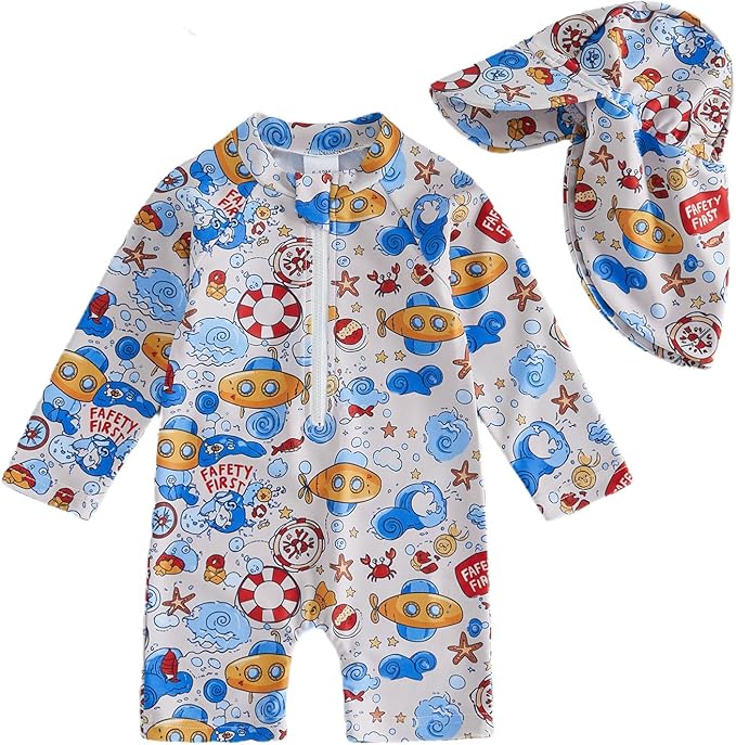 Baby Boy Rash Guard Swimsuit Color Block Long Sleeve Zipper One Piece Swimwear Toddler Bathing Suit ＋ Shark Sun Cap