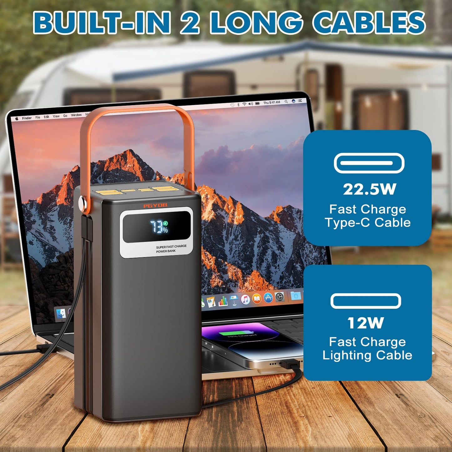 Portable Power Station 166Wh, 22.5W Fast Charging Power Bank With Built-In Cables For Iphone/Android/Macbook, 45000Mah Battery S