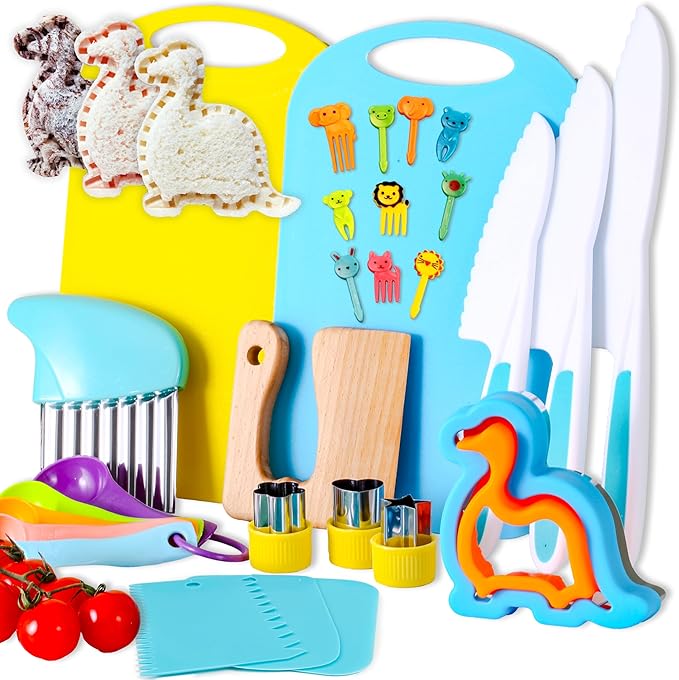30 Pieces Toddler Knife Set, Kids Knives for Real Cooking, Kids Cooking Sets Real-Montessori Kitchen Tools with Cutting Board Crinkle Cutters Kid Safe Knives