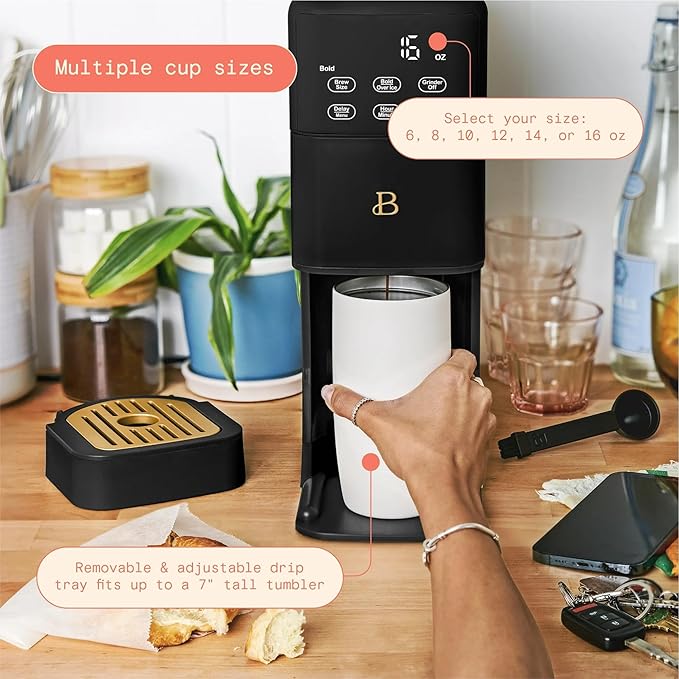 Beautiful™ Perfect Grind™ Programmable Single Serve Coffee Maker – Black by Drew Barrymore, Built-In Grinder for Fresh Grounds, Adjustable Cup Size, Programmable Timer, Reusable Filter, Compact Design