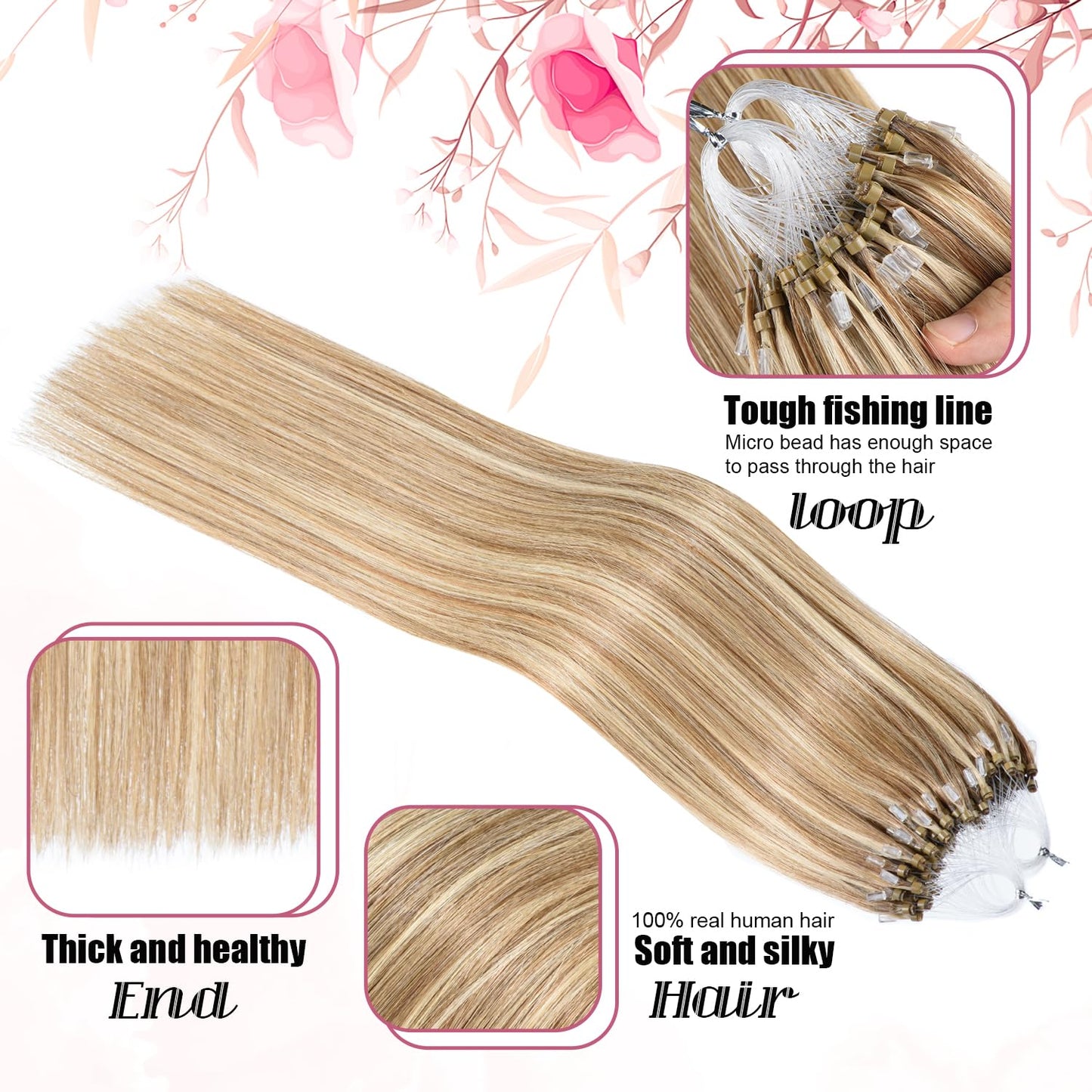 Kpvxxve Micro Loop Human Hair Extensions 22 Inch #8/613 Micro Link Hair Extensions Real Human Hair Ash Brown with Bleach Blonde