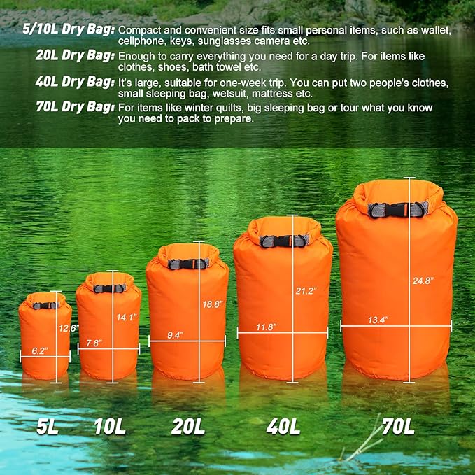 R2Depot Waterproof Dry Bag, 5L/10L/20L/40L/70L Dry Storage Bag for Kayaking, Gym, Hiking, Swimming (Green, 20L)