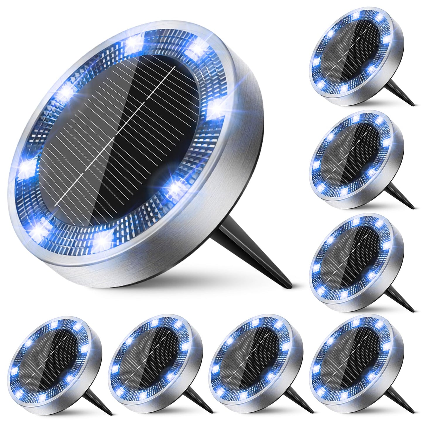 Peasur Mini Solar Ground Lights, 8 Pack, IP68 Waterproof, Stainless Steel, Outdoor Landscape Lighting, Blue