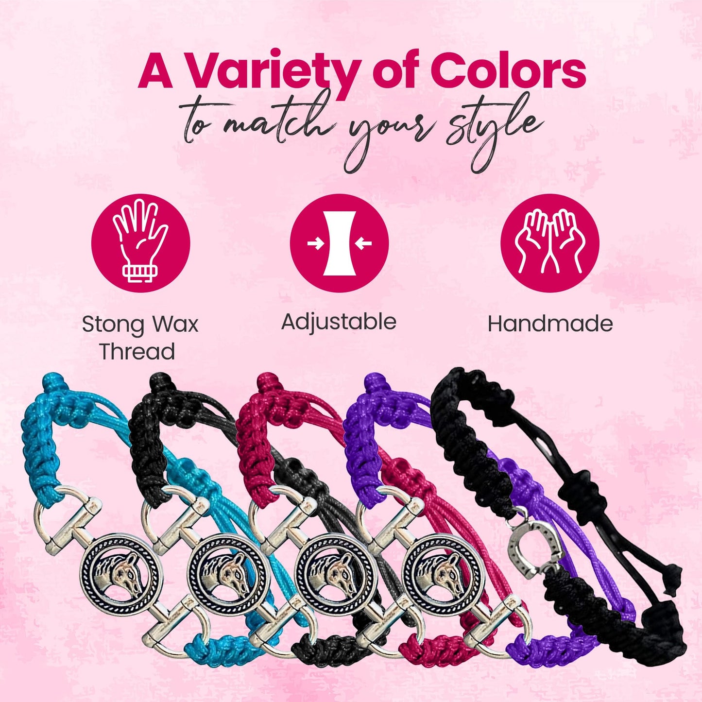 Sportybella Womens Horse Bit Charm Bracelet (Pink) Horse Lovers Equestrian Jewelry - Adjustable Friendship Braided String Stirru