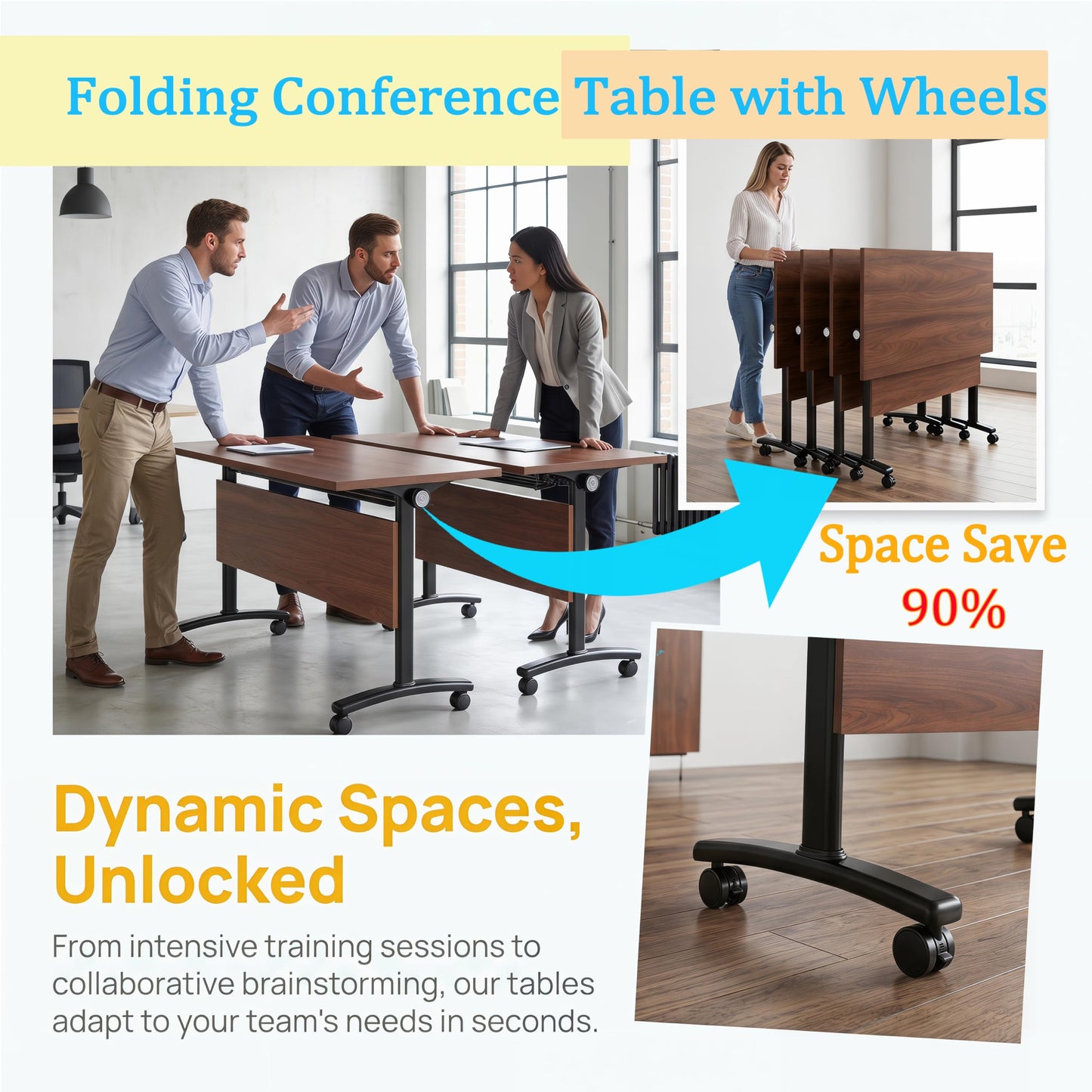 JNMDLAKO Modular Folding Conference Table with Locking Wheels, 10 Pack Flip Top Mobile Training Table, Modern Meeting Seminar Tables for Office, Hotel Conference Room(10,Walnut,47" L x 23" W x 29" H)