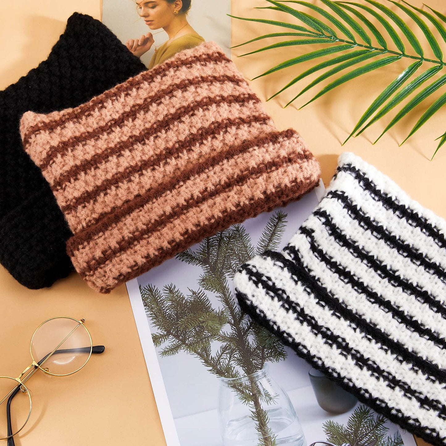 Hercicy 3 Pcs Women Cat Ear Beanie Crochet Y2k Cat Hats for Women Grunge Accessories Slouchy Hat Crochet Beanie with Ears(Classic Colors)
