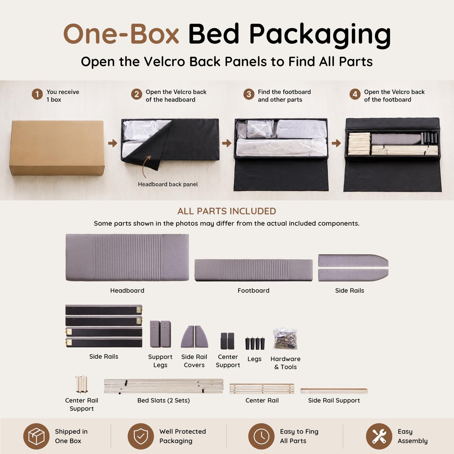 Livinia Amelia Full Size Platform Bed, Fabric Upholstered Full Bed Frame with Height Adjustable Headboard Footboard, Strong Wood Slats, No Box Spring Needed, Brown