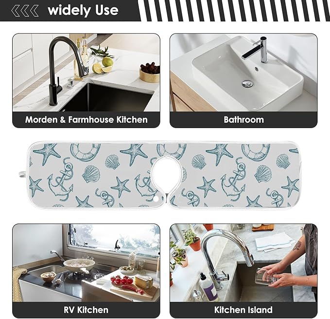 Coastal Starfish Shell Faucet Water Catcher Mat 2 Pack Seashell Ocean Nautical Theme Drying Mat Absorbent Bathroom Faucet Handle Drip Catcher Tray Bar RV Kitchen Sink Splash Guard 14x5 Inches