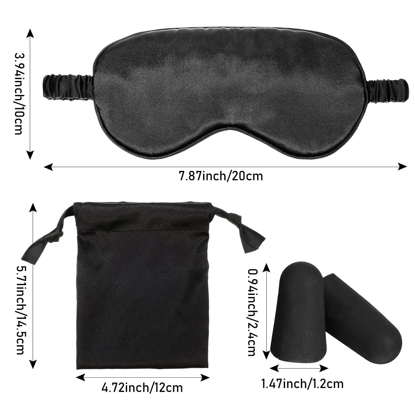 Silk Satin Sleeping Mask Eye Mask Set Include 2 Blindfold Eyeshade Elastic Strap Double Layer Silk Filling Eye Cover 2 Ear Plugs 2 Storage Bags for Women and Men Sleep Travel Nap (Black, Gray)