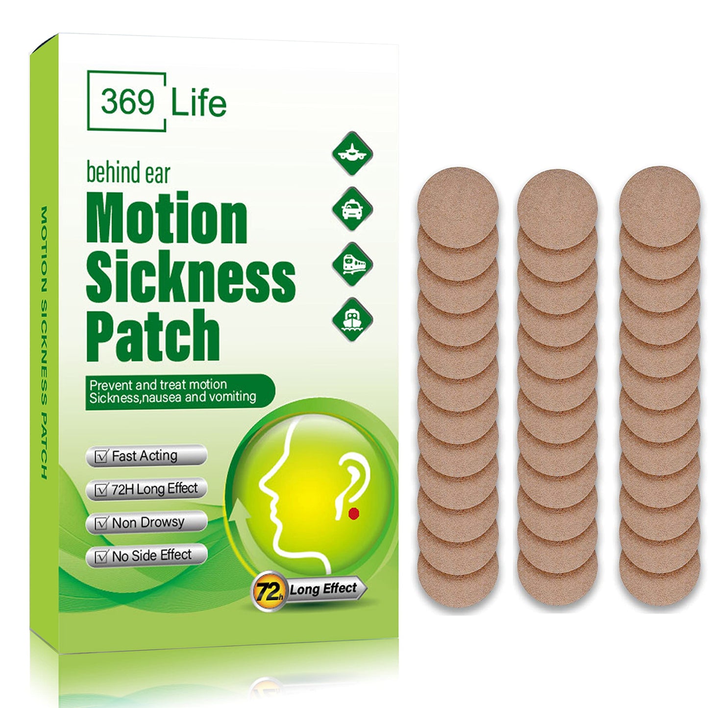 369 Life Motion Sickness Patches for Car and Boat Rides, Ships, Cruise and Airplane & Other Forms of Transport - Travel Essentials, for Adults and Kids (48 Count)