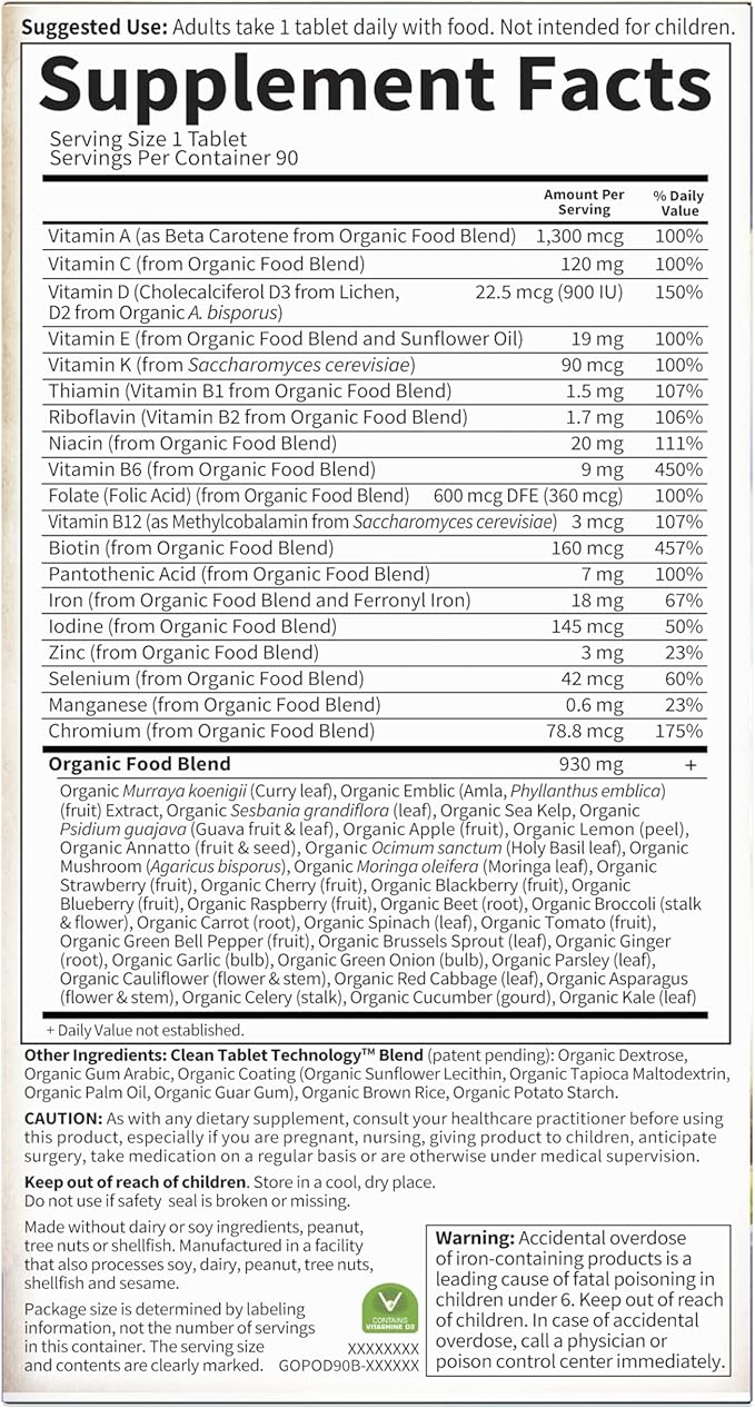 Garden of Life Organics Prenatal Vitamins - 90 Tablets, Prenatal Once Daily Whole Food Vitamins for Women with Folate not Folic Acid, Vitamin D3, Iron, Vegan One a Day Prenatal Multivitamin