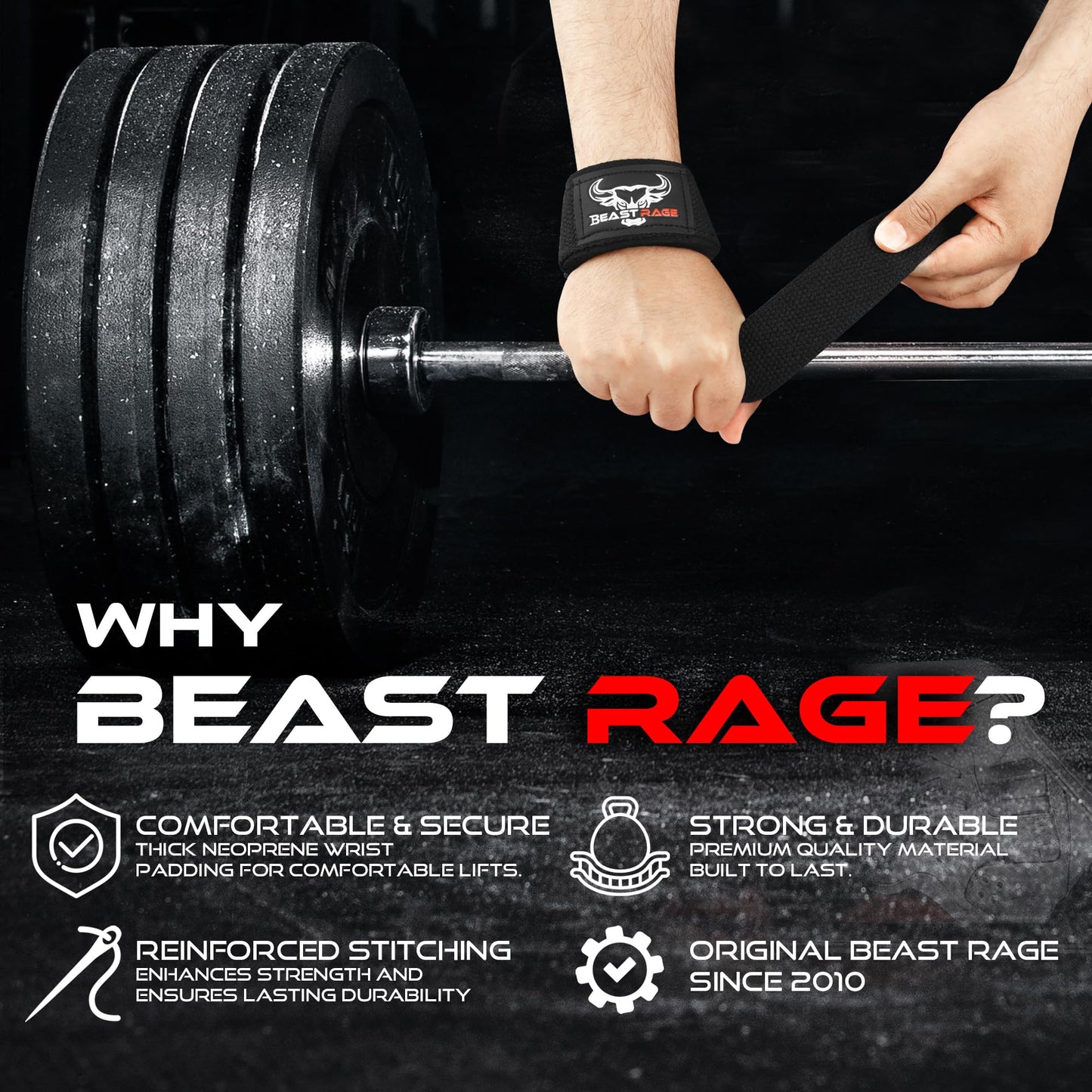 BEAST RAGE Lifting Wrist Straps for Weightlifting, Straps Gym Grip Power Workouts Lifting Straps Padded Cotton Men Women Wrap Lift, Deadlift Bodybuilding Weight Lifting Exercise Straps (Original)