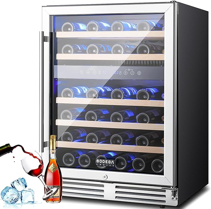 BODEGA 24 Inch Wine Cooler Refrigerator, 46 Bottle Dual Zone Wine Fridge with Double-Layer Tempered Glass Door,wine refrigerator with Temperature Memory Function, Built-in or Freestanding wine cooler.