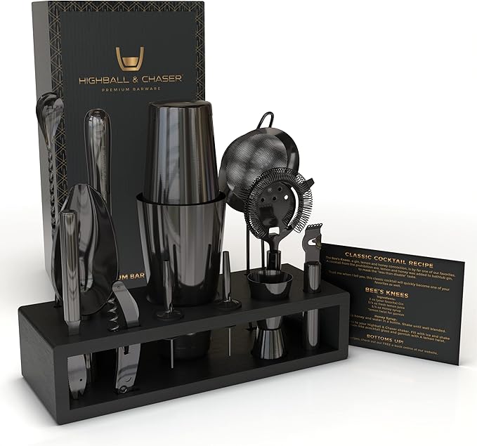 Highball & Chaser 13-Piece Gunmetal Black Stainless Steel Boston Cocktail Shaker Bar Tool Set with Mixology Bartender Kit ...