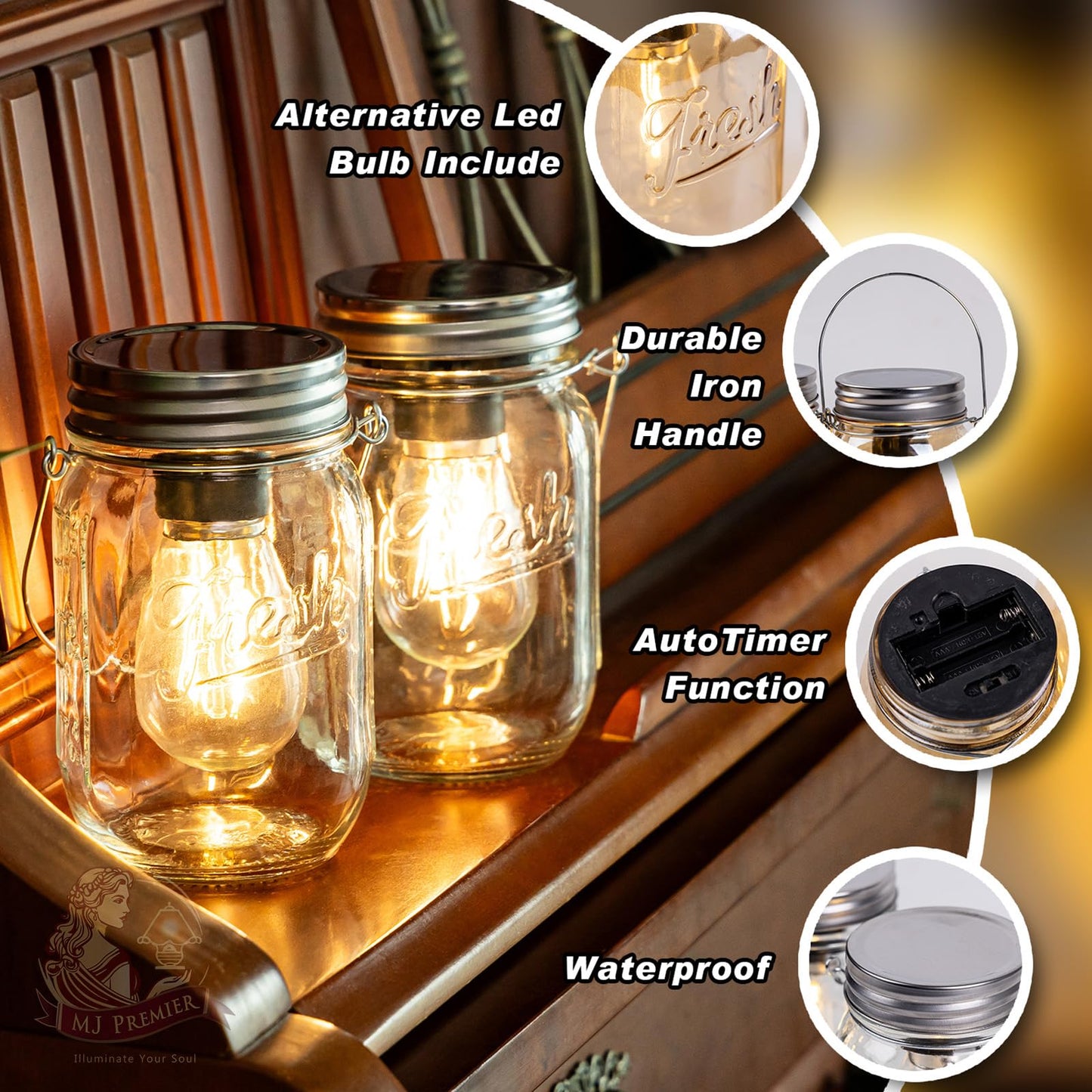MJ PREMIER Mason Jar Lights 2-Pack, Battery Operated, LED, With Timer, Transparent Glass, Model 0813