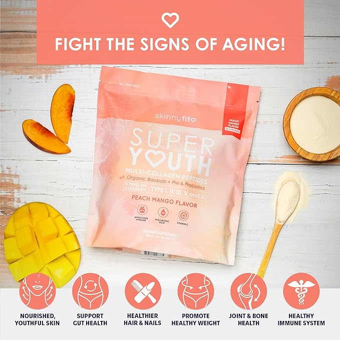 SkinnyFit - Super Youth, Peach Mango (28 Servings) - Multi Collagen Peptides Powder - Probiotics, Fiber, Hyaluronic Acid - Collagen for Women - Non GMO, Gluten Free, Sugar Free - Beauty & Self Care