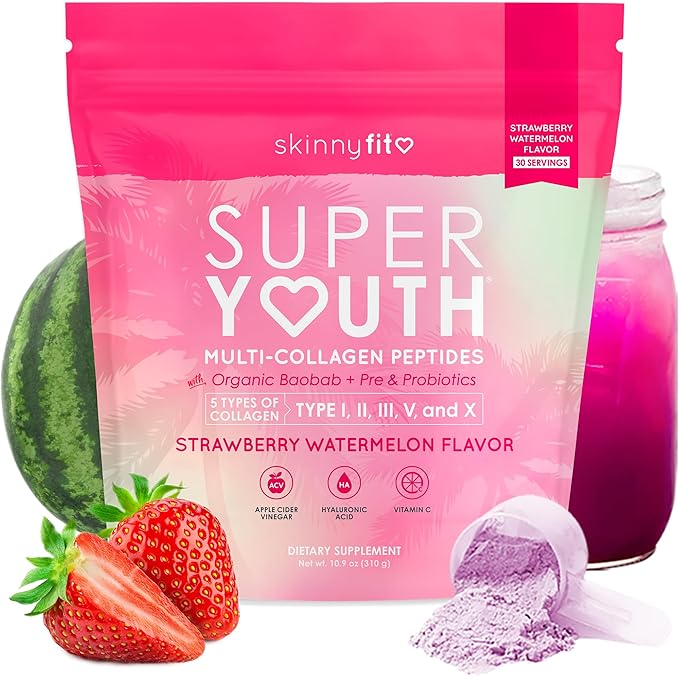 SkinnyFit - Super Youth, Strawberry Watermelon (28 Servings) - Multi Collagen Peptides Powder - Probiotics, Fiber, Hyaluronic Acid - Collagen for Women - Non GMO, Gluten Free, Sugar Free - Self Care