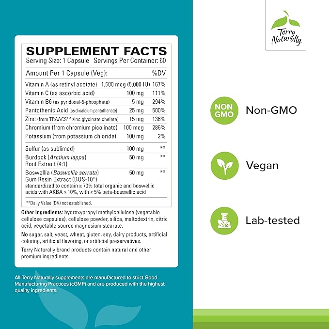 Terry Naturally Acne Essentials - Skin Support Supplement for Clear Skin - Supplement with Vitamins A, C & Zinc - Skincare Supplement for Occasional Acne - 60 Capsules (60 Servings)