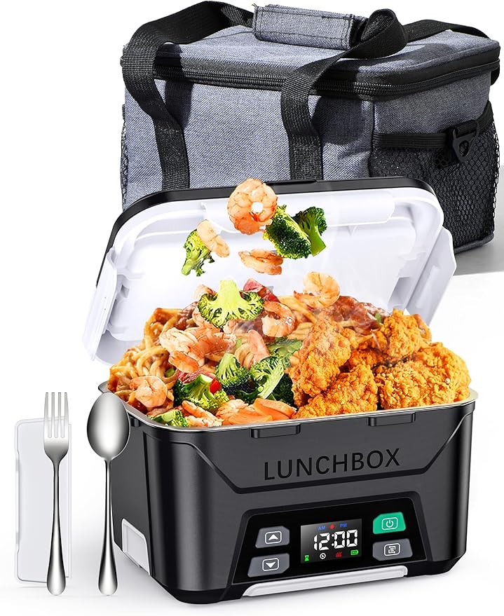 EAST OAK Heated Lunch Box Battery Powered with Automatic Heating, Cordless Heatable Lunchbox for Adults, 1.3L Portable Food Warmer with Insulated Carry Bag