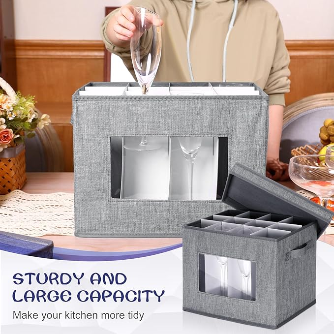 Uiifan 6 Pack Stemware Storage Box Set with Dividers, 12 Compartments Wine Glasses Storage Containers Cases Dust-proof, Transparent Window, Handles for Moving(Gray)