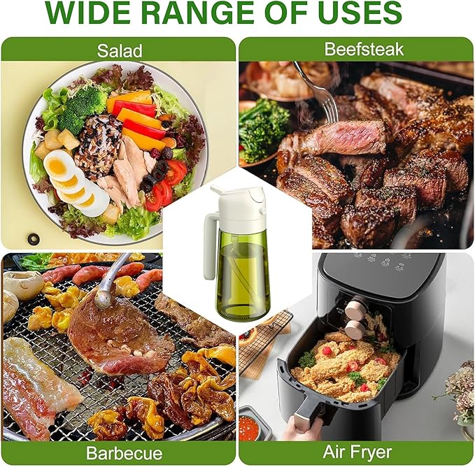 Vakoo 2 in 1 Oil Sprayer and Oil Dispenser for Kitchen - 16oz/470ml Light-Blocking Dark Glass Olive Oil Spray Bottle for Cooking, Air Fryer, Salad & BBQ (Green&White)