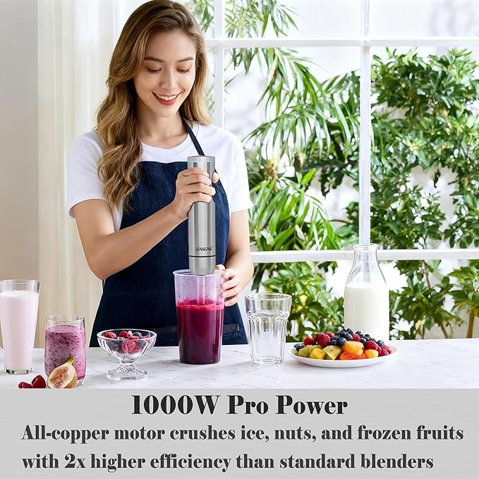 Hand Blender 11-Speed, 1000W Immersion Blender with Anti-Splash Design, Stainless Steel Blade for Blending Soup, Smoothies, Mayonnaise